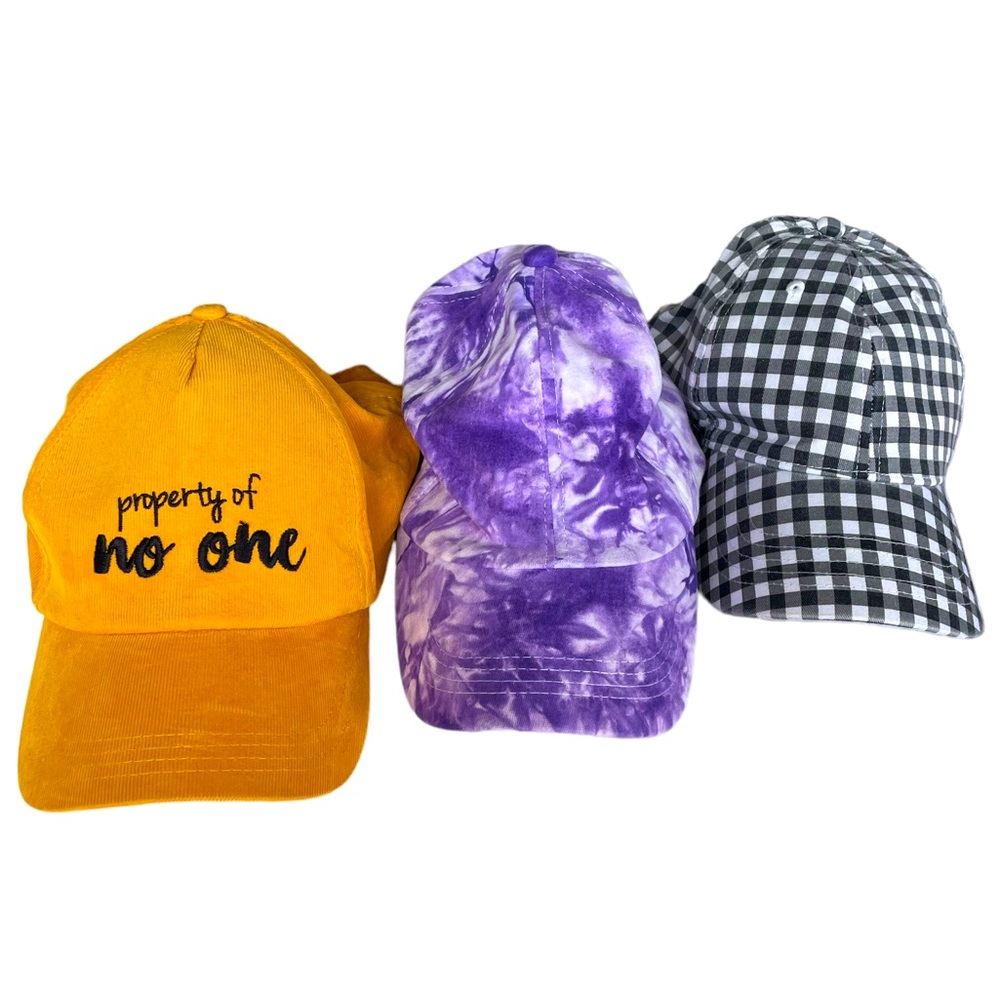 Set/3 Adjustable Baseball Hats Black White Gingham Purple Tie Dye Gold Corduroy - Picture 1 of 12